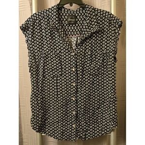 JACHS GIRLFRIEND Blouse SIZE XL Blue Diamond Cap Sleeve Button Up Top